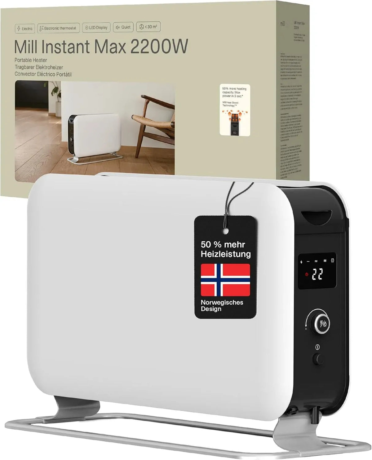 Elektroheizung, 2200 W, Mill, freistehend, Timer, leise, Konvektor Heizung elektrisch 26-30m², leise elektrische Heizung