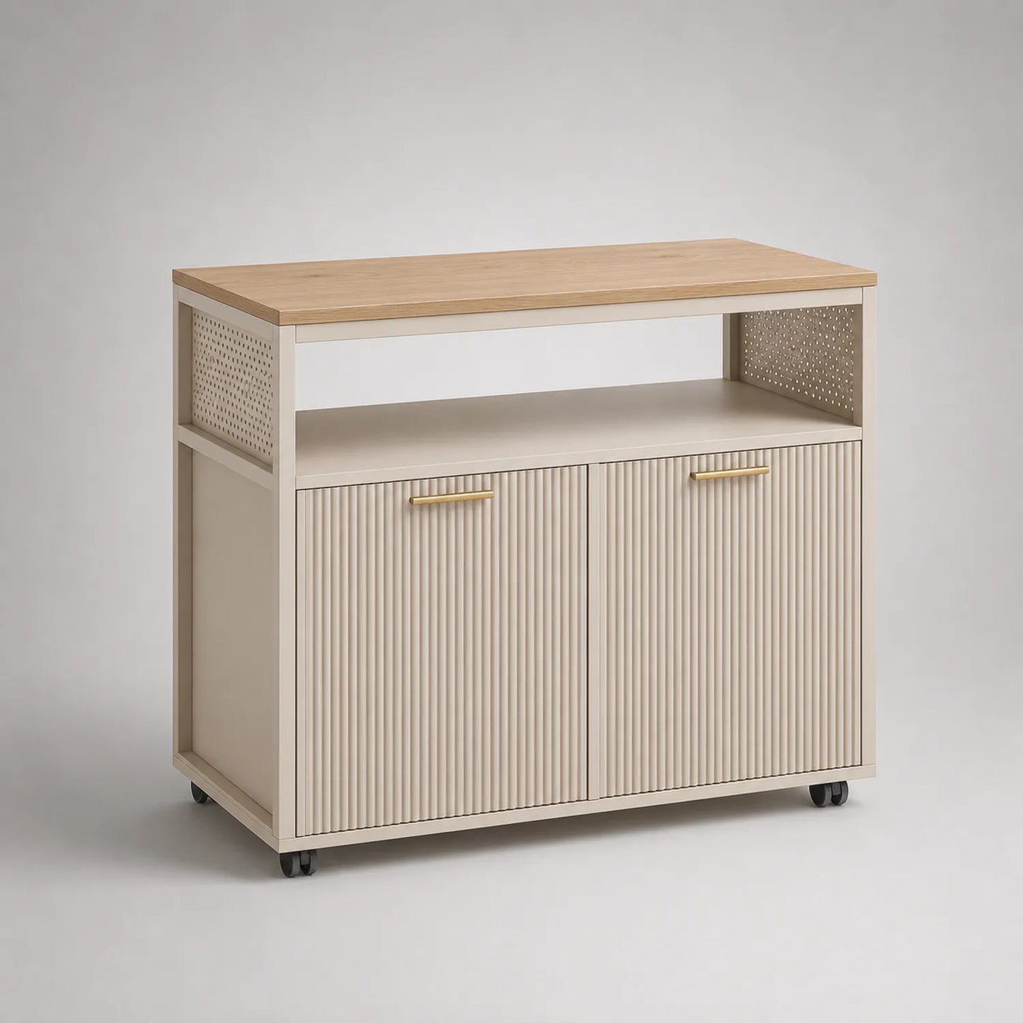 Büroschrank mit Rollen aus Holz und Metall in Eichenholzfurnier Beige