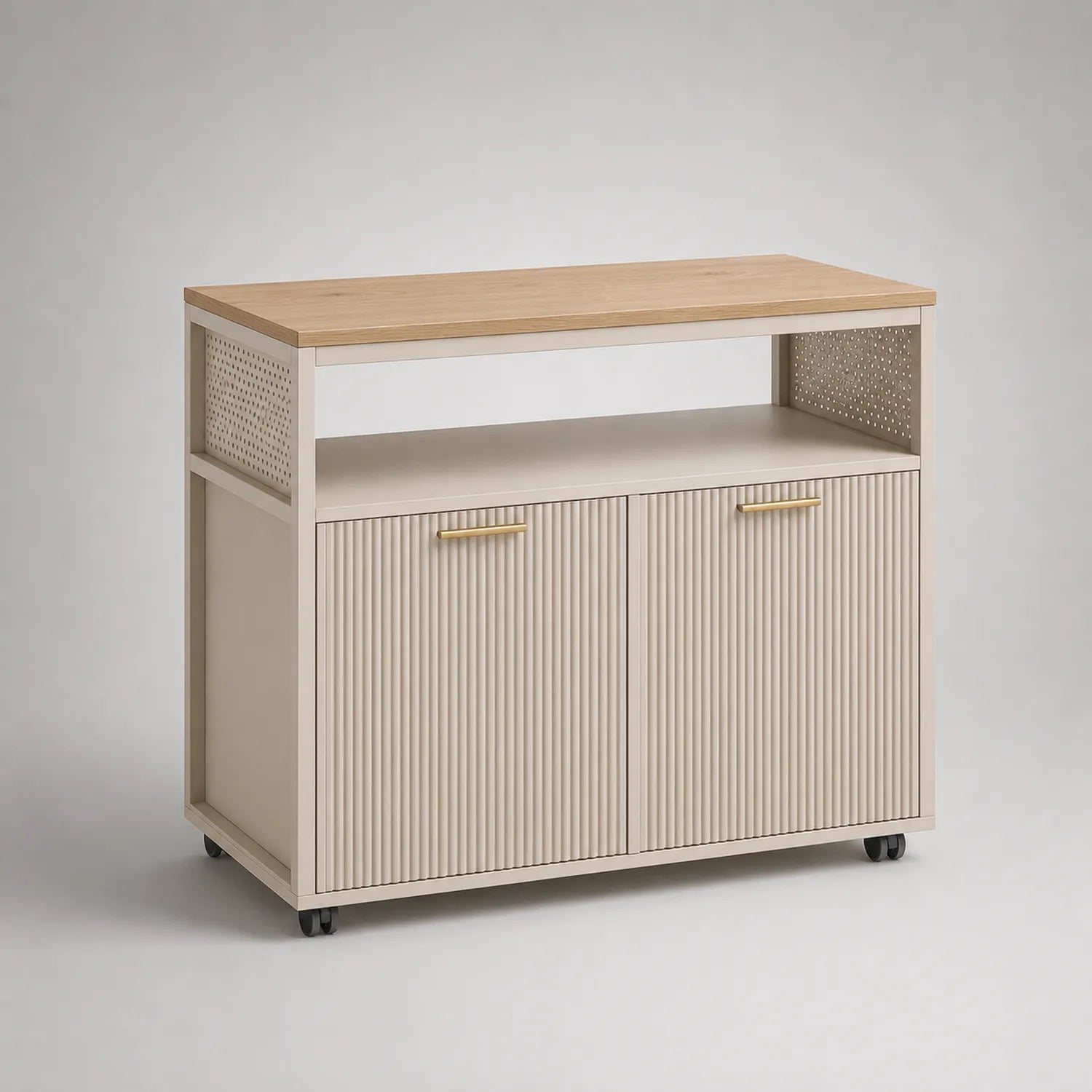 Büroschrank mit Rollen aus Holz und Metall in Eichenholzfurnier Beige