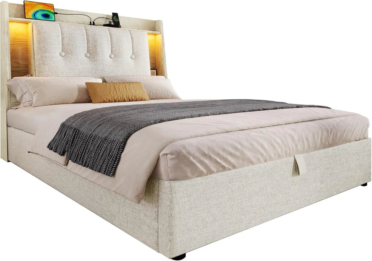 Polsterbett und gepolstertes Bettgestell — mit Stauraum, mit USB-Anschluss, mit Lattenrost, LED-Anzeige, 90 × 200 cm, beige