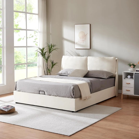 Polsterbett und gepolstertes Bettgestell: mit Stauraum, mit Bettkasten, mit Lattenrost, 160 × 200 cm, beige