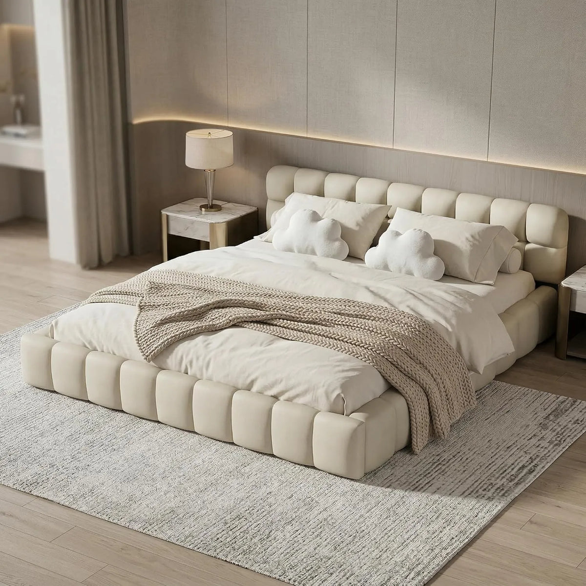 Polsterbett und gepolstertes Bettgestell — mit Rückenlehne, mit Lattenrost, 160 × 200, beige