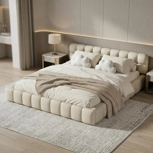Polsterbett und gepolstertes Bettgestell — mit Rückenlehne, mit Lattenrost, 160 × 200, beige