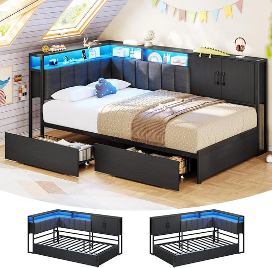 Polsterbett und gepolstertes Bettgestell – aus Metall, mit Schubladen, mit Lattenrost, LED-Anzeige, 2 Schubladen, 90 × 200, schwarz