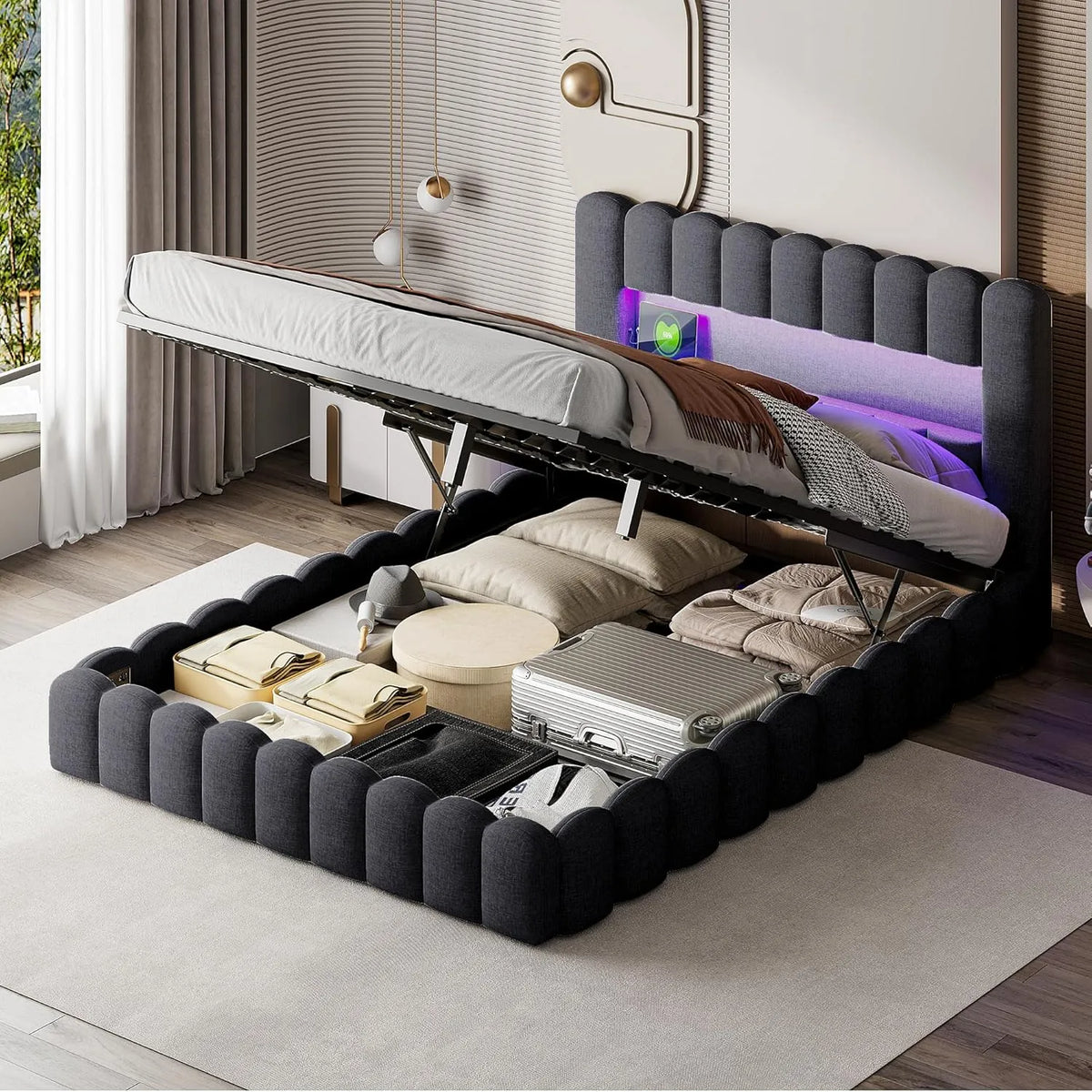 Polsterbett und gepolstertes Bettgestell — mit Stauraum, mit Bettkasten, mit USB-Anschluss, mit Lattenrost, 140 × 200, grau, mit LED-Beleuchtung