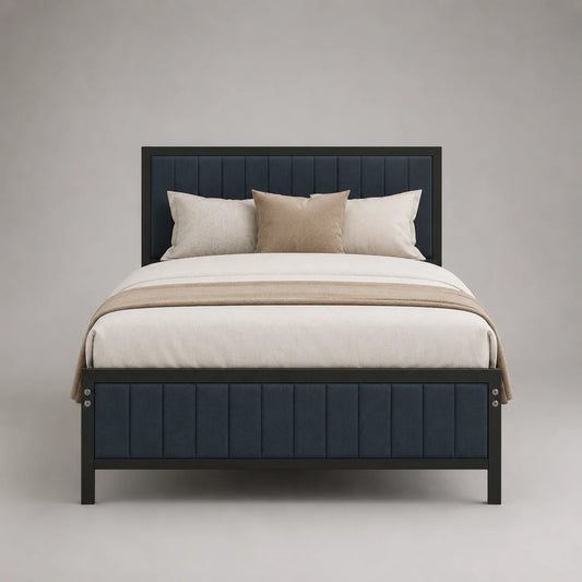 Metallbett mit Stoffbezug in Blau und Beige