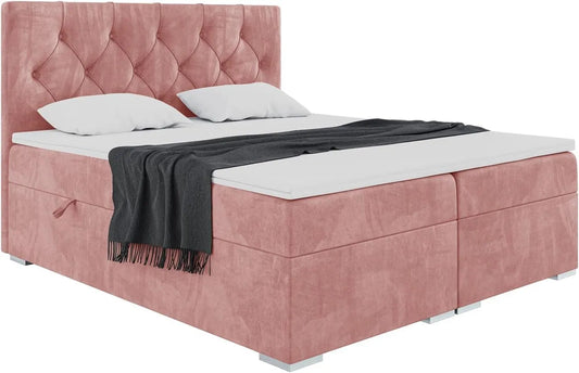 Polsterbett und gepolstertes Bettgestell: mit Stauraum, mit Bettkasten, mit Samtbezug, 180 × 200, rosa