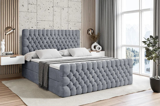 Polsterbett und gepolstertes Bettgestell – mit Stauraum, mit Bettkasten, mit Samtbezug, mit Lattenrost, 160 × 200, grau, ALTDECOR H3