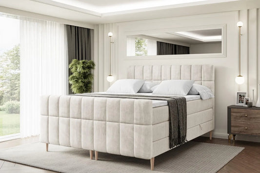 Polsterbett und gepolstertes Bettgestell — FD-Z, aus Holz, mit Stauraum, mit Bettkasten, mit Lattenrost, 120 × 200, beige