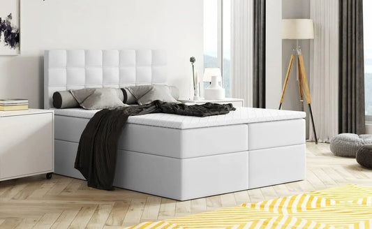 Polsterbett und gepolstertes Bettgestell — MERA, aus PU-Leder, mit Bettkasten, 120, 120 × 200 cm, weiß