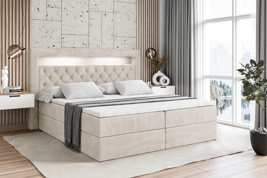 Polsterbett und gepolstertes Bettgestell: mit Stauraum, mit Bettkasten, mit Samtbezug, mit Lattenrost, 180 × 200, beige, ALTDECOR H4