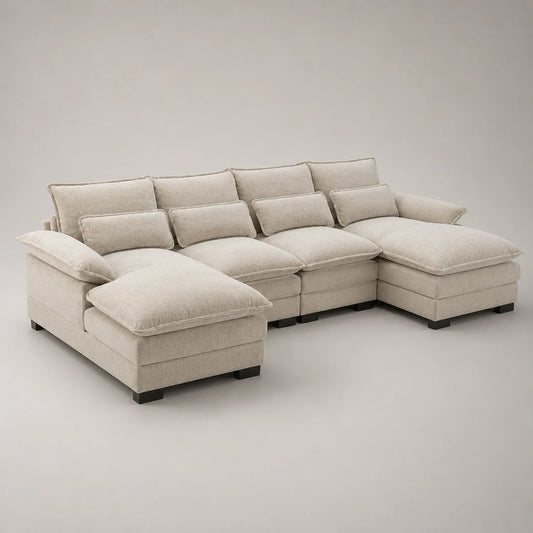Ecksofa mit Ottomane Stoff Leinen Beige 300x220 cm