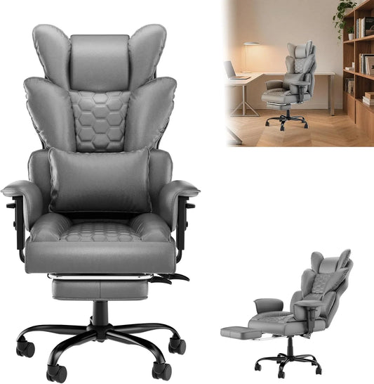 Bürostuhl: höhenverstellbar, mit Armlehnen, mit Rückenlehne, für Gaming, 150kg, grau, mit Lederbezug