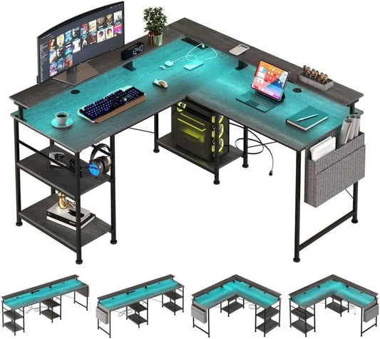 Schreibtisch und Computertisch: wendbar, L-Form, mit Einlegeböden, für Gaming, 4 Einlegeböden, 140 × 140cm, mit LED-Beleuchtung