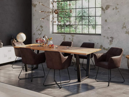 Essgruppe — 7tlg, 180 × 90 cm, schwarz, aus Metall, mit Lederbezug
