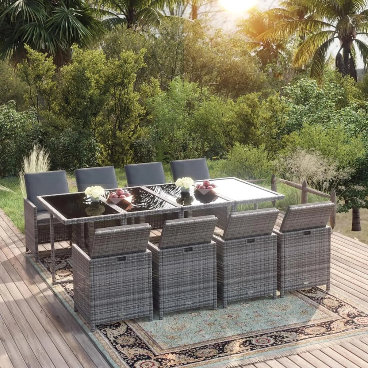 Gartenmöbel-Set und Lounge-Set: aus Polyrattan, 9-tlg, grau