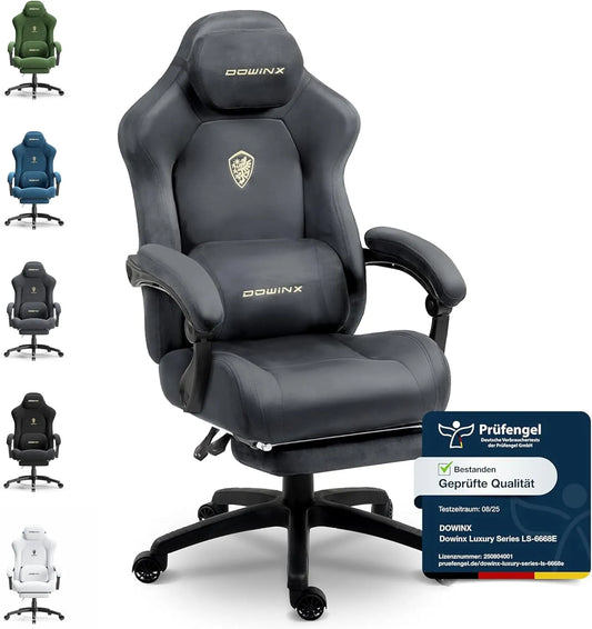 Stuhl — ausziehbar, mit Armlehnen, mit Kissen, für Gaming, grau, verstellbar, mit Samtbezug