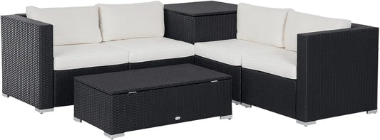 Outsunny Sofagarnitur – TLG, aus Stahl, mit Stauraum, mit Kissen, aus Polyrattan, 6 TLG, schwarz