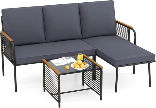 COSTWAY Gartenmöbel-Set und Lounge-Set – mit Kissen, aus Polyrattan, 3-teilige