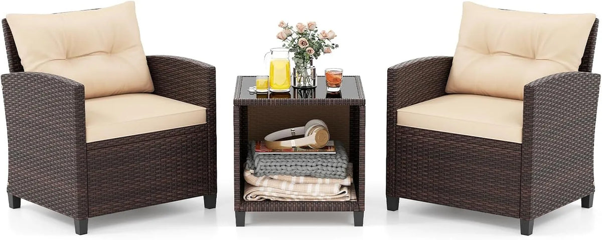 Gartenmöbel-Set und Lounge-Set — mit Kissen, aus Polyrattan, 3 teilig