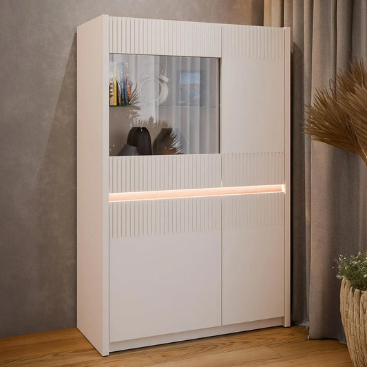 Vitrinenschrank und Glasvitrine — SQUERE, 4 Türen, 95, 3 cm, 146, 7 cm, 41, 5 cm, beige, mit LED-Beleuchtung, mit Stoffbezug