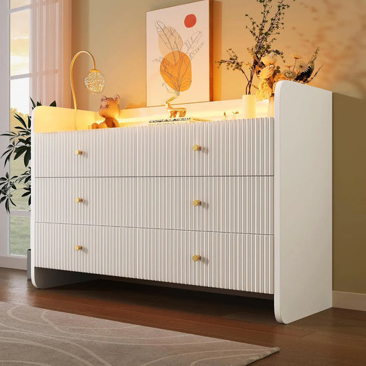 Sideboard und Anrichte – aus Holz, mit Schubladen, LED-Anzeige, 6 Schubladen, 120cm, weiß