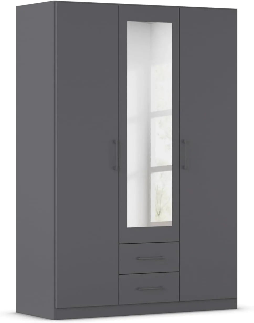 Rauch Möbel Kleiderschrank und Garderobenschrank — mit Stauraum, mit Schubladen, mit Spiegel, 3-türig, 2 Schubladen, 136 × 197 × 54cm, grau