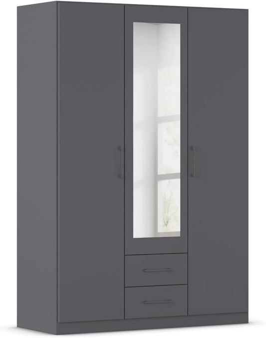Rauch Möbel Kleiderschrank und Garderobenschrank — mit Stauraum, mit Schubladen, mit Spiegel, 3-türig, 2 Schubladen, 136 × 197 × 54cm, grau