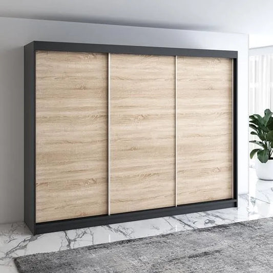 Kleiderschrank und Garderobenschrank: mit Schubladen, 3-türig, 4 Schubladen, 200 cm, schwarz