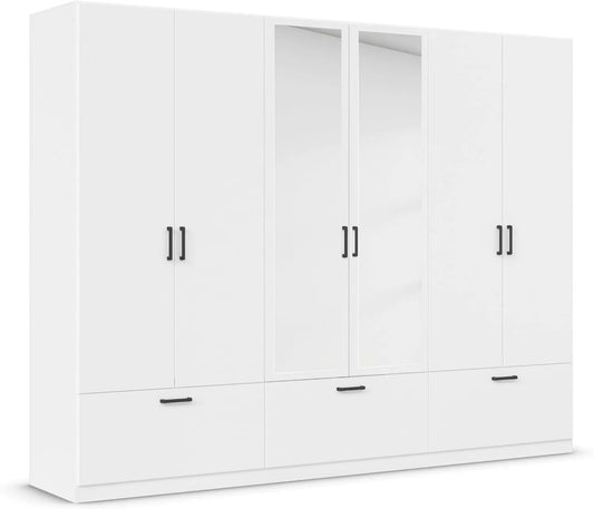 Rauch Möbel Kleiderschrank und Garderobenschrank: mit Schubladen, mit Spiegel, 6-türig, 3 Schubladen, 271 cm, weiß