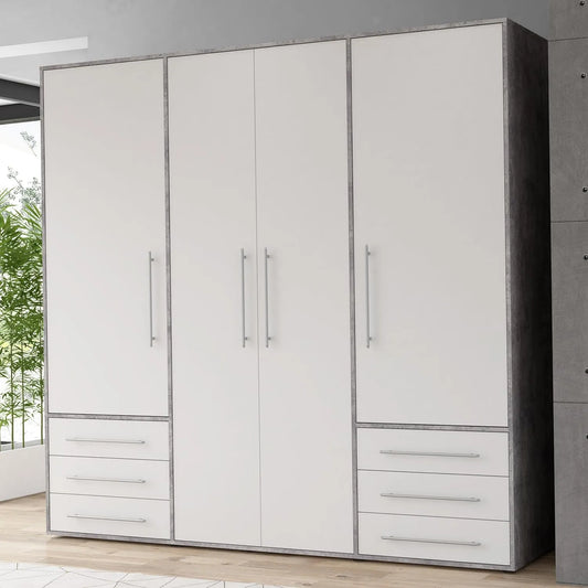 Kleiderschrank und Garderobenschrank – mit Schubladen, 4 Türen, 6 Schubladen, 205, 9 cm, 200 cm, weiß, mit Stoffbezug
