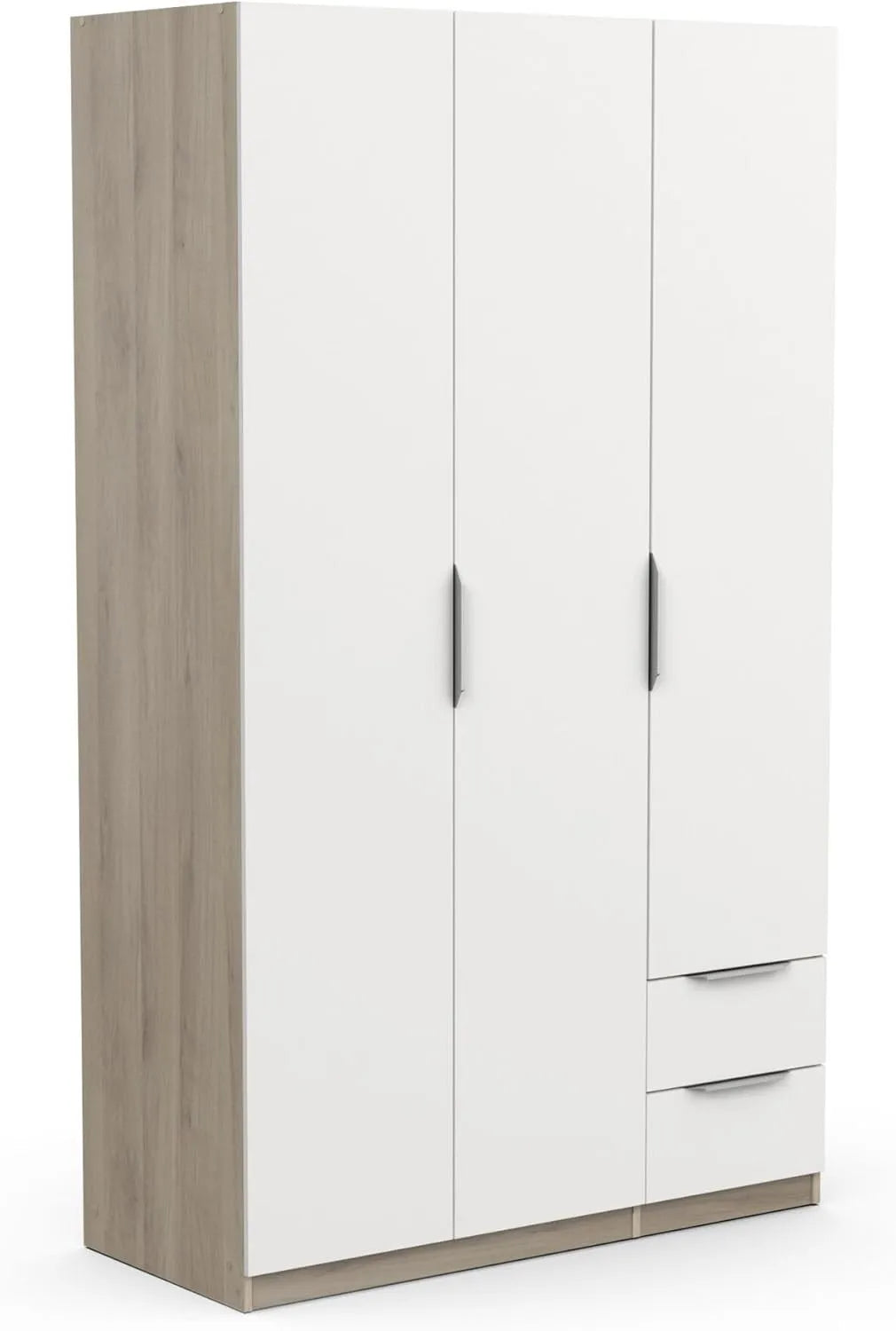 Kleiderschrank und Garderobenschrank: mit Schubladen, mit Kleiderstange, 3 Türen, 2 Schubladen, 119, 4 × 51, 1 × 203 cm, weiß