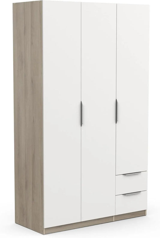 Kleiderschrank und Garderobenschrank: mit Schubladen, mit Kleiderstange, 3 Türen, 2 Schubladen, 119, 4 × 51, 1 × 203 cm, weiß