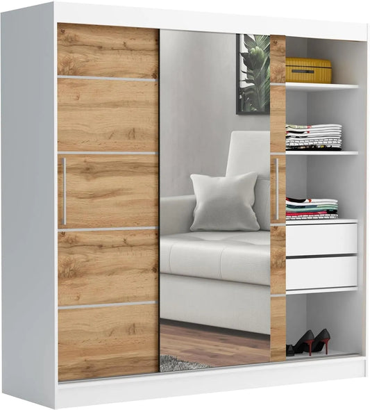 Kleiderschrank und Garderobenschrank — mit Schubladen, mit Spiegel, 200cm, weiß