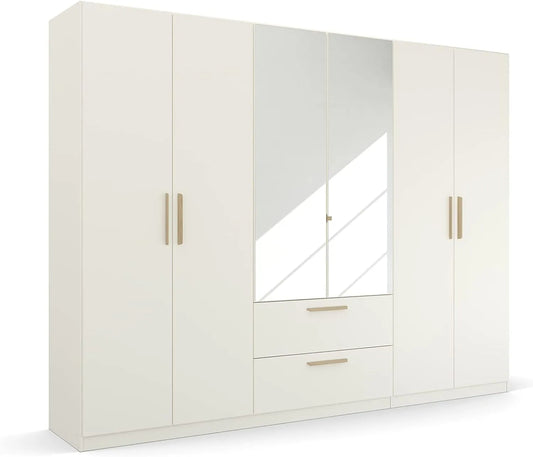 Rauch Möbel Kleiderschrank und Garderobenschrank — TRG, mit Kleiderstange, mit Einlegeböden, mit Spiegel, 3 Einlegeböden, 271 × 210 × 54 cm, weiß