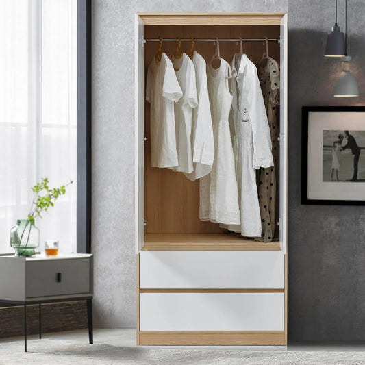 Kleiderschrank und Garderobenschrank – mit Schubladen, mit Kleiderstange, 2 Türen, 2 Schubladen, 176 × 80 × 52 cm, weiß