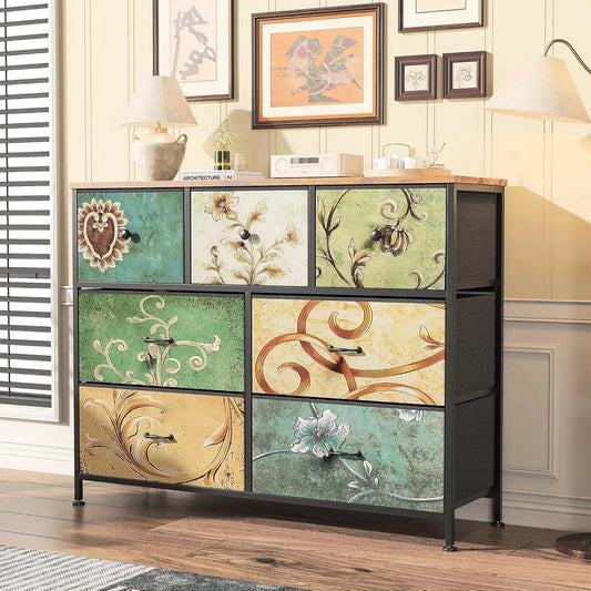Sideboard und Anrichte – mit Schubladen, 7 Schubladen, 100 × 30 × 78 cm, aus Metall, mit Stoffbezug
