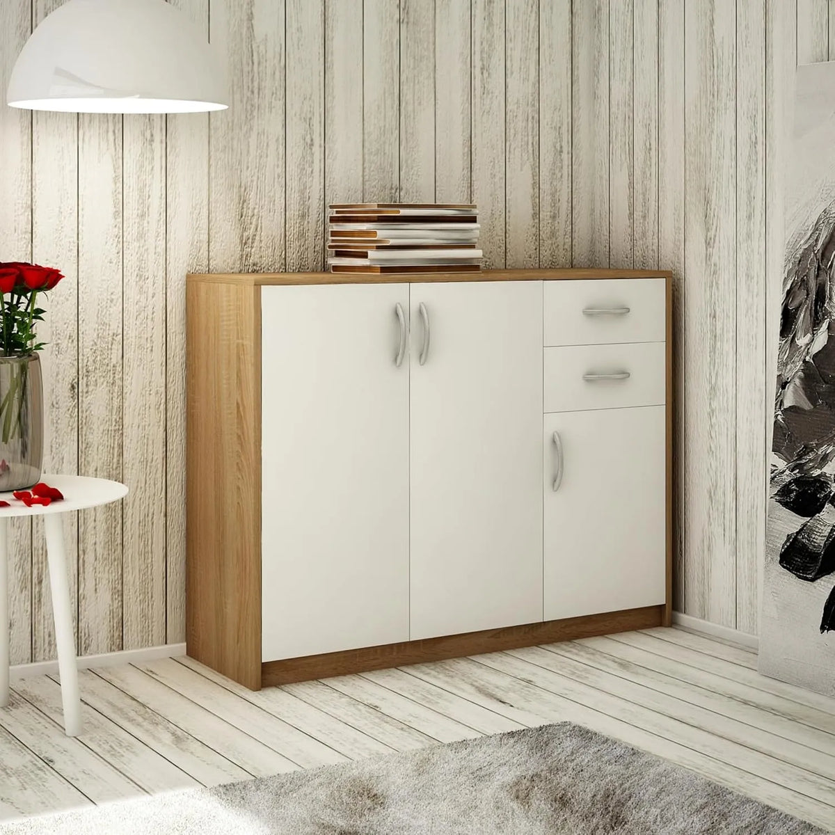 Sideboard und Anrichte – aus Holz, mit Schubladen, 3 Türen, 2 Schubladen, 110cm, weiß