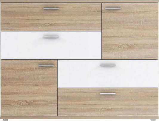 Sideboard und Anrichte — mit Schubladen, 2 Türen, 4 Schubladen, 124.9 × 41.3 × 95.9 cm, weiß, mit Stoffbezug