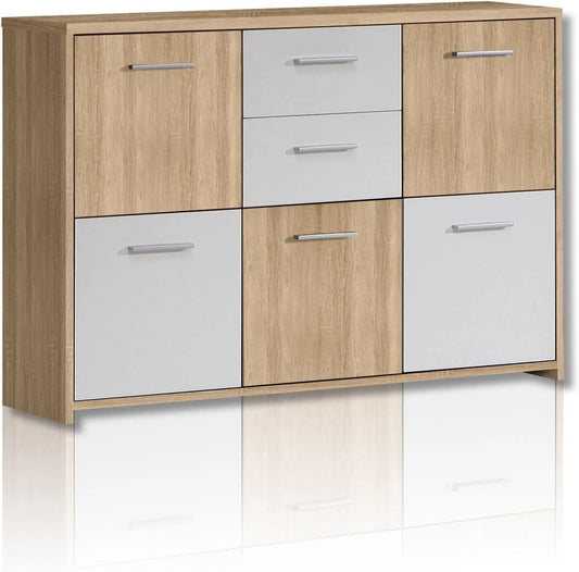 Sideboard und Anrichte: mit Schubladen, 5 Türen, 2 Schubladen, 113.9 × 77.5 × 29.6 cm, weiß, mit Stoffbezug