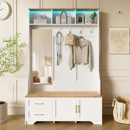 Garderobenschrank: mit Stauraum, mit Schubladen, mit Spiegel, LED-Anzeige, 187 × 120 × 40 cm, weiß