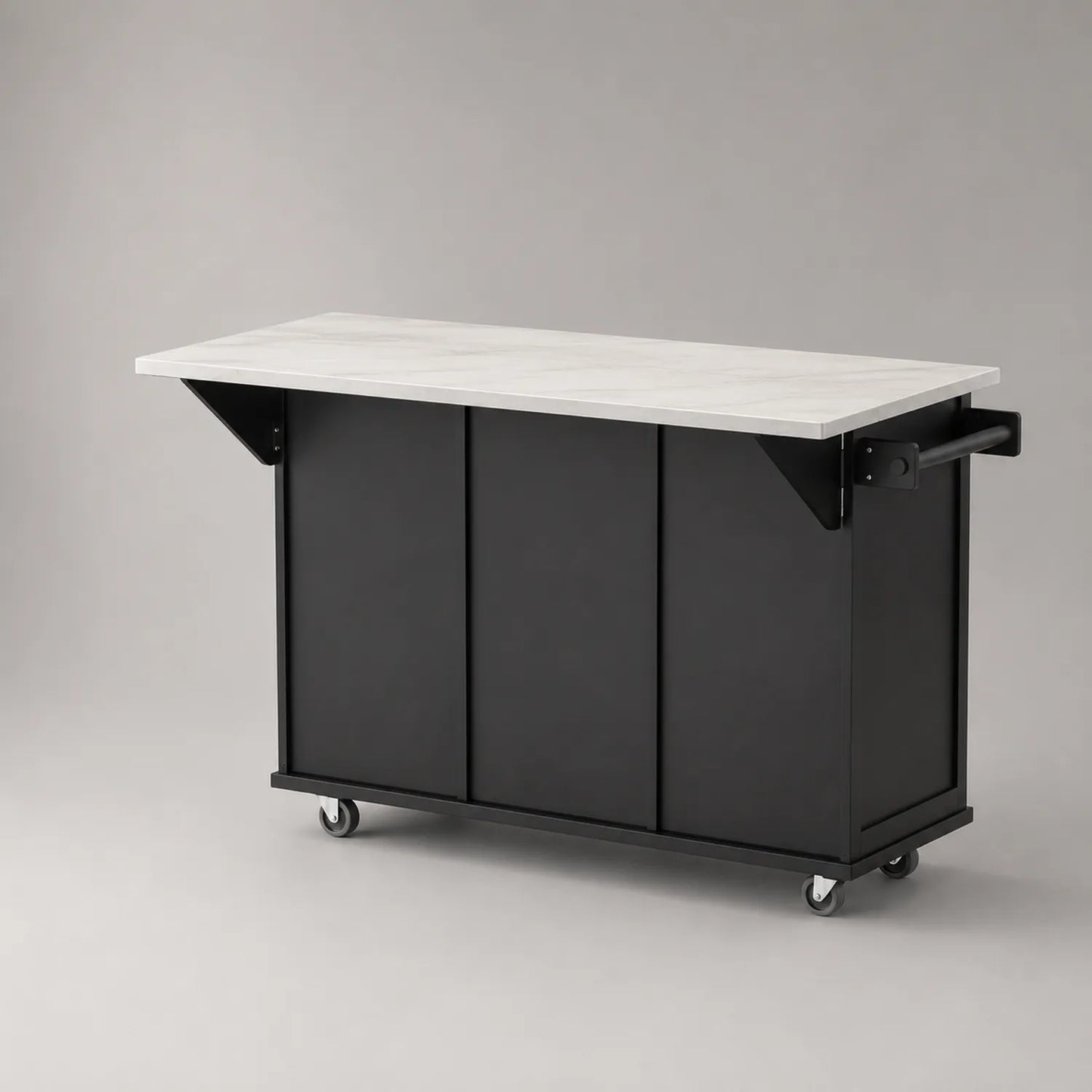 Kücheninsel mit Marmoroptik Arbeitsfläche Schwarz Metall mit Rollen 130x50x90cm