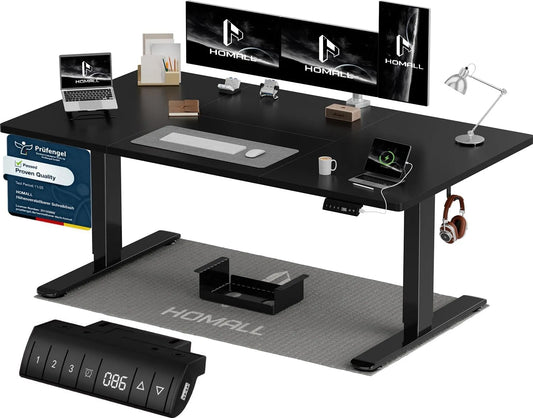 Schreibtisch und Computertisch – USB-A, höhenverstellbar, mit USB-Anschluss, 160 × 80cm, schwarz