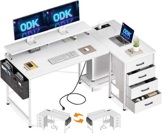 Schreibtisch und Computertisch – wendbar, mit Stauraum, mit Schubladen, mit USB-Anschluss, 140 × 80cm, weiß, mit Stoffbezug