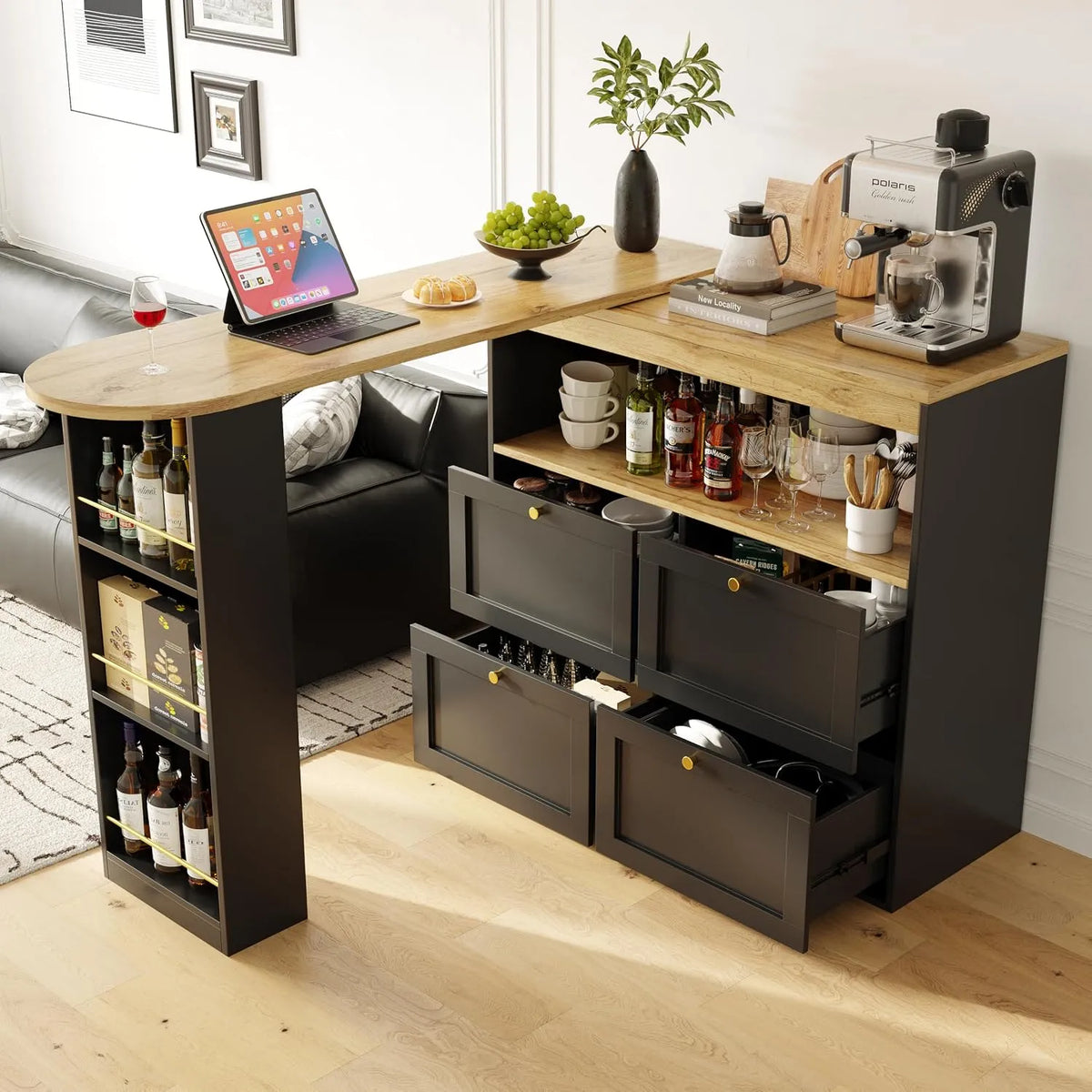 Bartisch – mit Stauraum, mit Schubladen, drehbar, 4 Schubladen, schwarz