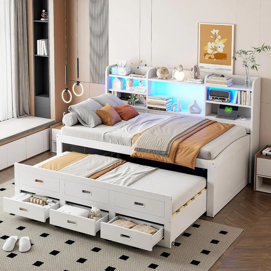 Tagesbett und Gästebett — aus Holz, mit Schubladen, ausziehbar, mit USB-Anschluss, 3 schubladen, 140 × 200 cm, 140×200cm, mit LED-Beleuchtung