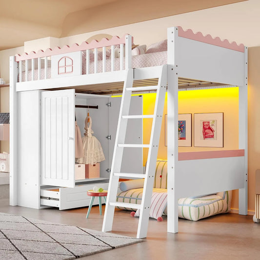 Kinderbett: EN747, für Kinder, mit Schubladen, mit Kleiderschrank und Garderobenschrank, mit Lattenrost, 90 × 200, weiß, mit LED-Beleuchtung