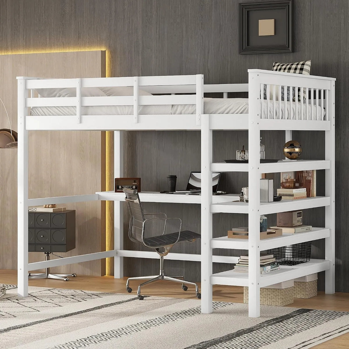 Kinderbett — MDF, für Kinder, mit Schreibtisch und Computertisch, mit Lattenrost, 140 × 200cm, weiß