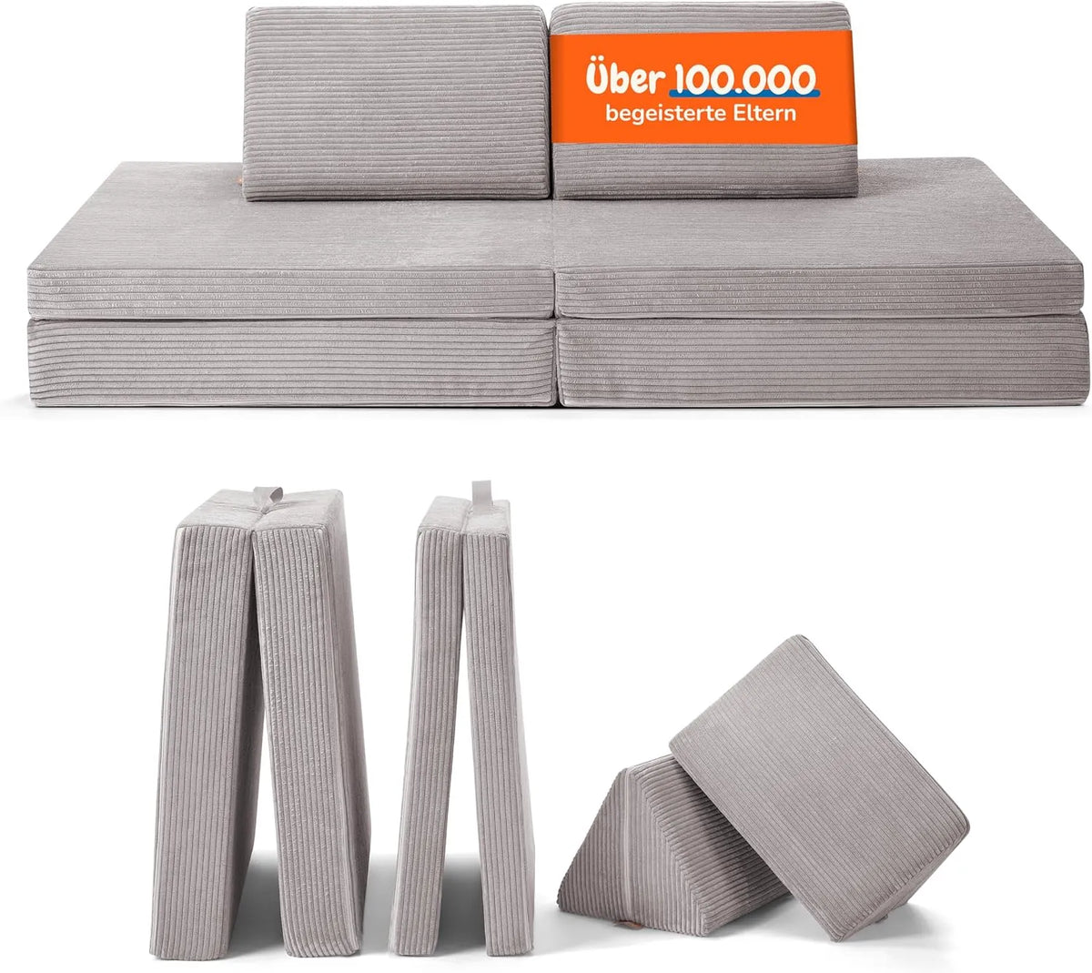 Funzy Spielsofa für Kinder: TEX 100, TÜV, modular, mit Cordbezug, grau