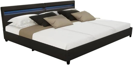 Polsterbett und gepolstertes Bettgestell – NUBE, mit Schubladen, mit Lattenrost, LED-Anzeige, 270 × 200 cm, schwarz